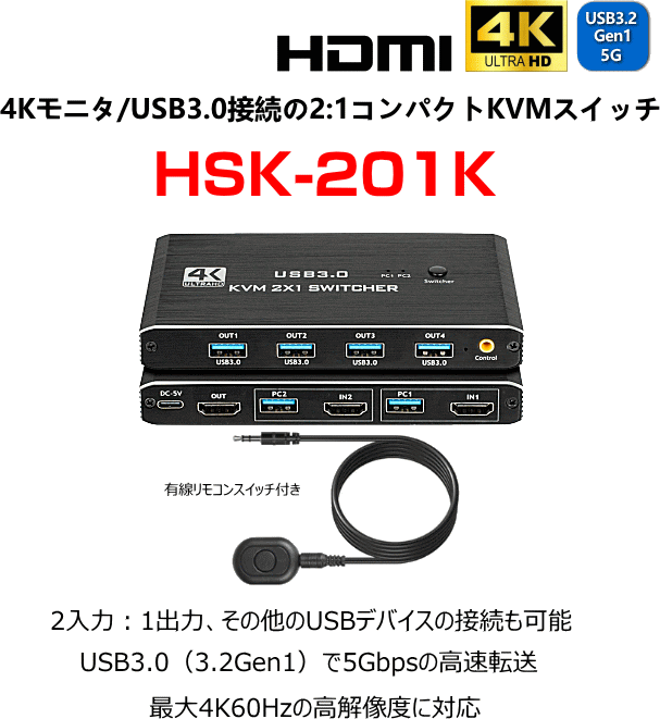 HDMI/USBマウス・キーボード切替器 HSK-201K 本体と有線リモコン